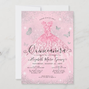 Convites Glam Blush Pink Silver Glitter Quinceanera