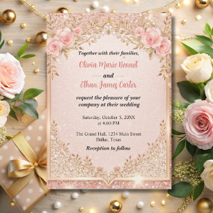 Convites glam blush rosa Dourado Glitter Casamento Floral