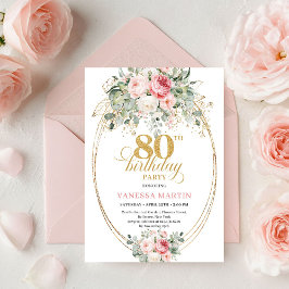 Convites Glam Boêmio Rosa Floral Dourado Aniversário de 80