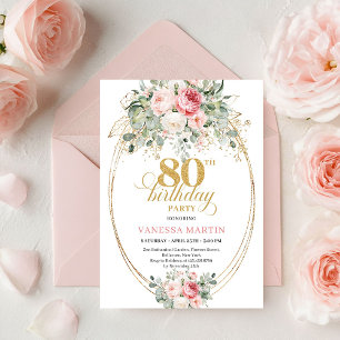Convites Glam Boêmio Rosa Floral Dourado Aniversário de 80