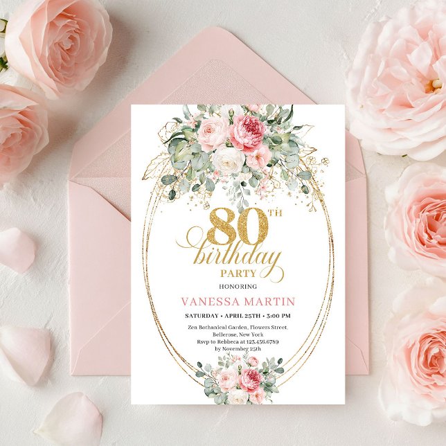 Convites Glam Bohemian Blush Floral Gold 80th Birthday (Glam Bohemian Blush Floral Gold 80th Birthday Invite)