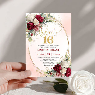 Convites Glam Boho Borgonha Dourado Floral Sweet Sixteen 16