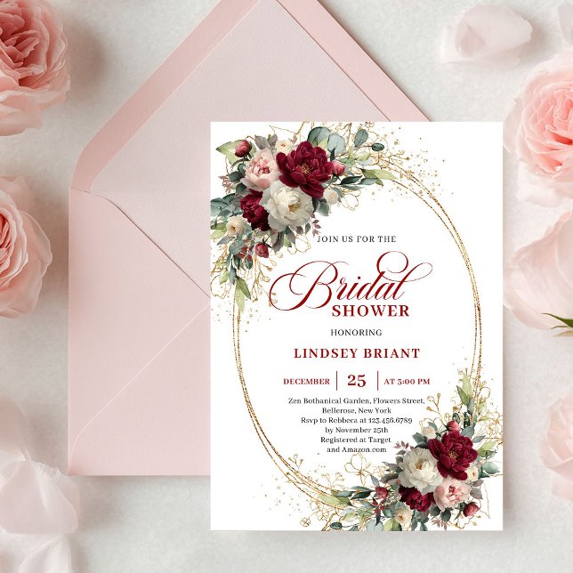 Convites Glam Boho Borgonha Rosa Floral Dourado Chuveiro de (Glam Burgundy Blush Floral Gold Bridal Shower Invitation)