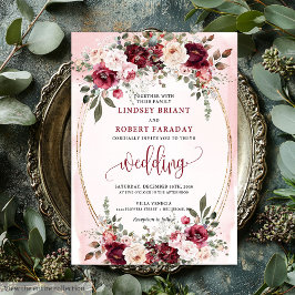 Convites Glam Boho Dark Red Gold Floral Wedding Invitation
