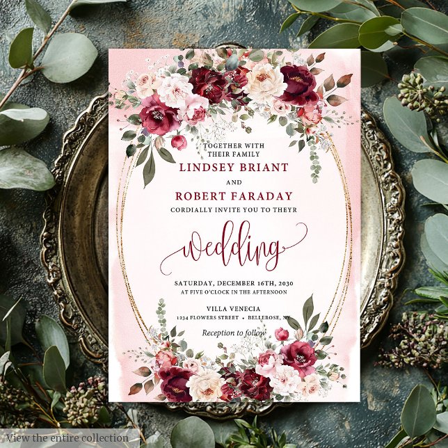 Convites Glam Boho Dark Red Gold Floral Wedding Invitation (Glam Boho Dark Red Gold Floral Wedding Invitation)
