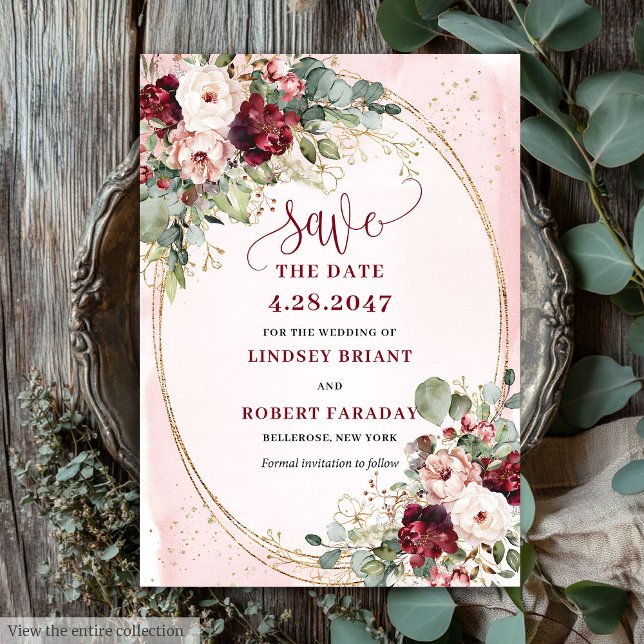 Convites Glam Boho Deep Red Blush Gold Flowers Save Date (Glam Boho Deep Red Blush Gold Flowers Save Date)
