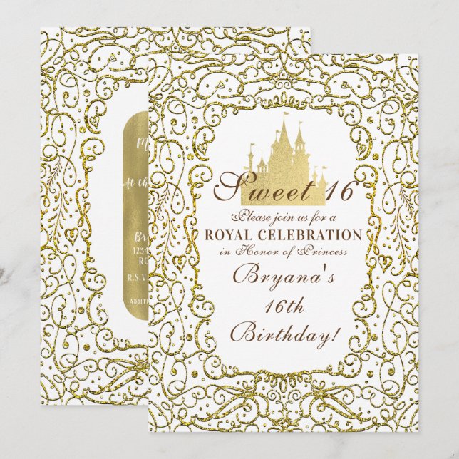 Convites Glam Branco & Ouro Royal Castle Princesa Sweet 16 (Frente/Verso)