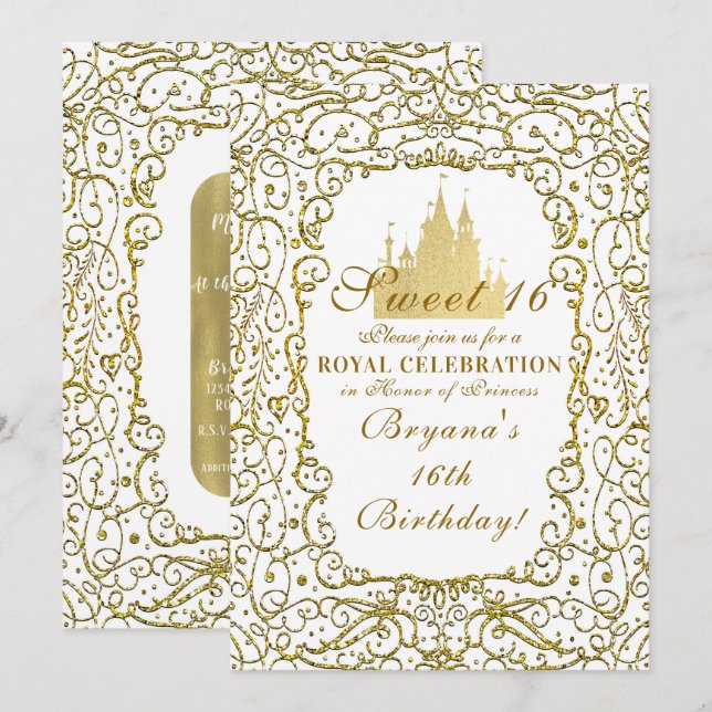 Convites Glam Branco & Ouro Royal Castle Princesa Sweet 16 (Frente/Verso)