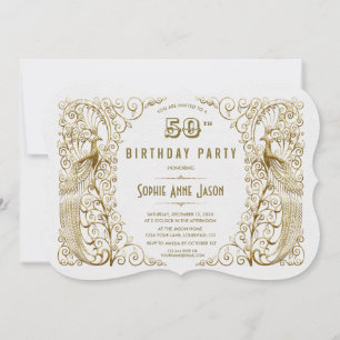 Convites Glam Branco Pavões Art Deco 50º Aniversário