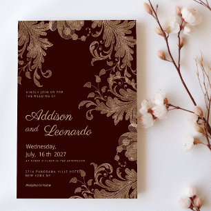 Convites Glam burgundy gold floral luxúria floral Casamento