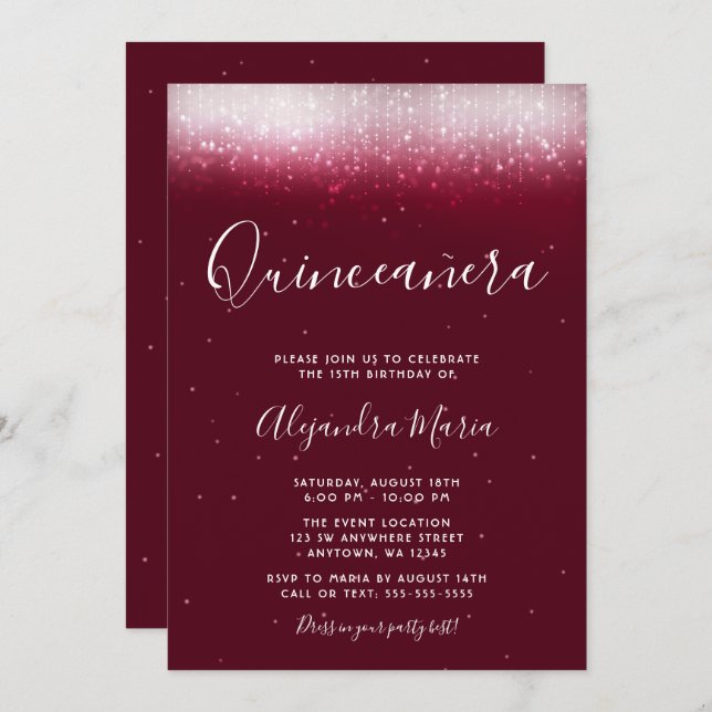 Convites Glam Burgundy Quinceañera (Frente/Verso)