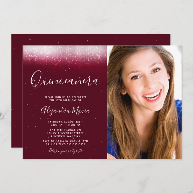 Convites Glam Burgundy Quinceanera Foto (Frente/Verso)