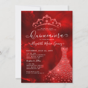 Convites Glam Burgundy Red Diamond Tiara Dress Quinceanera