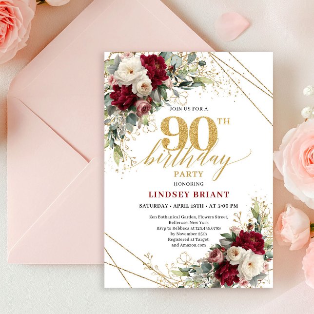 Convites Glam Burgundy White Rose Gold 90th Birthday Invite (Glam Burgundy White Rose Gold 90th Birthday Invitation)