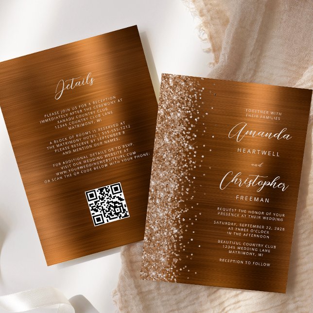 Convites Glam Burnt Orange Brushed Metal QR Code Wedding (Criador carregado)