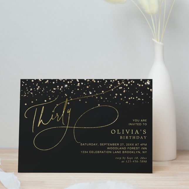 Convites Glam Calliographic Black Dourada Confetti aniversá (Criador carregado)