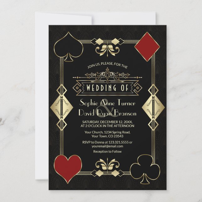 Convites Glam Casino Gold Art Deco Fleur-de-Lis Wedding (Frente)