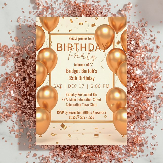Convites Glam Champagne Gold Balloons and Confetti Birthday (Criador carregado)