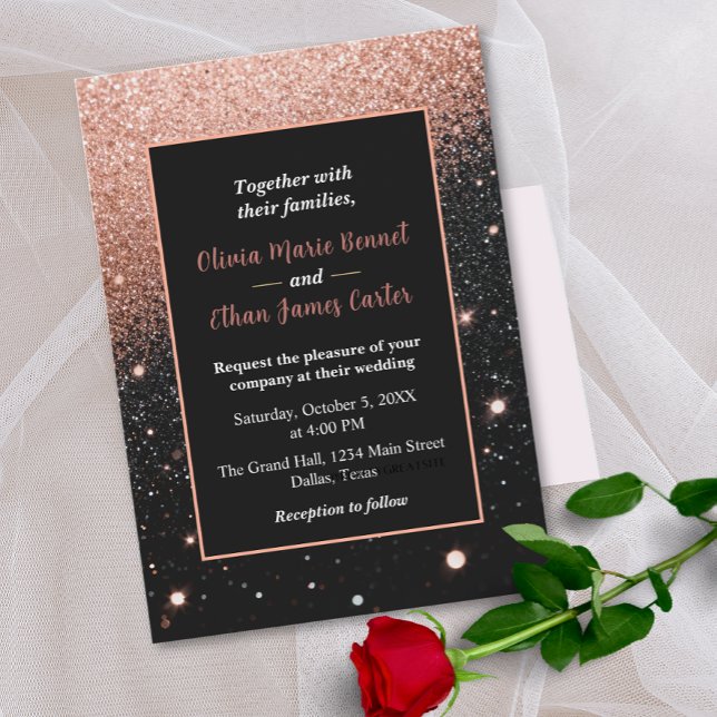 Convites glam chic rose gold Glitter gold frame wedding (Criador carregado)
