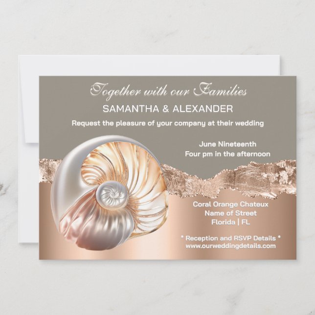 Convites Glam Coastal Shell Beach Wedding Invitation (Frente)
