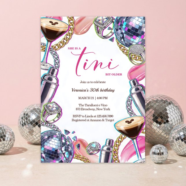 Convites Glam Disco Espresso Martini Pink Birthday Party (A Tini Bit Older Espresso Martini Disco Glam Pink 30th Birthday Invitation)