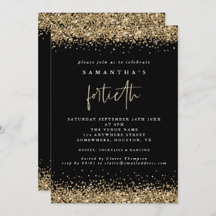 Convites Glam Dourada Glitter Fortieth Party Black