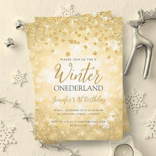 Convites Glam Dourada Winter ONEDERLAND primeiro aniversari (Glam Gold Winter ONEDERLAND 1st Birthday Invitation)