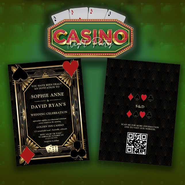 Convites Glam Dourado Art Deco Casino QR Código Poker Casam (casino Las Vegas wedding invitation, trendy elegant gold black wedding invite, Art Deco vegas invite)