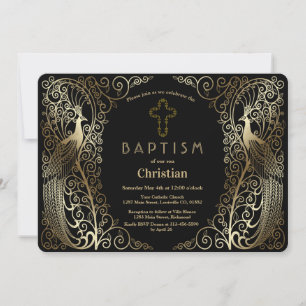 Convites Glam Dourado Art Deco Peacocks Baptism