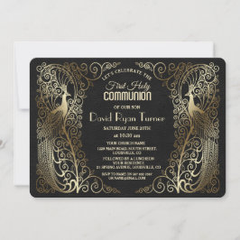 Convites Glam Dourado Art Deco Peacocks Primeira Comunhão S