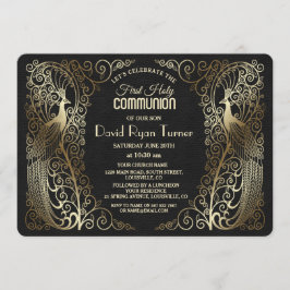 Convites Glam Dourado Art Deco Peacocks Primeira Comunhão S