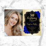 Convites Glam Dourado Black Royal Blue 50th Foto Aniversári<br><div class="desc">Elegante convite floral feminino para o 50º aniversário com sua foto. Design com ouro falso. Apresenta rosas azuis reais, fonte de script e confetti. Perfeito para uma festa de comemoração de na moda adulto. Personalize com seus próprios detalhes. Pode ser personalizado para qualquer idade! Impressos convites Zazzle ou modelo de...</div>