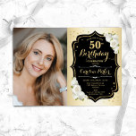 Convites Glam Dourado Black White 50th Photo Birthday<br><div class="desc">Elegante convite floral feminino para o 50º aniversário com sua foto. Design com ouro falso. Possui rosas brancas, fonte de script e confetti. Perfeito para uma festa de comemoração de na moda adulto. Personalize com seus próprios detalhes. Pode ser personalizado para qualquer idade! Impressos convites Zazzle ou modelo de impressão...</div>