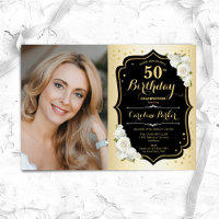 Glam Dourado Black White 50th Photo Birthday