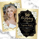 Convites Glam Dourado Black White Photo 50th Birthday<br><div class="desc">Elegante convite floral feminino de 50 anos com sua foto no final do cartão. Design com ouro falso. Possui rosas brancas, fonte de script e confetti. Perfeito para uma festa de comemoração de na moda adulto. Personalize com seus próprios detalhes. Pode ser personalizado para qualquer idade! Impressos convites Zazzle ou...</div>