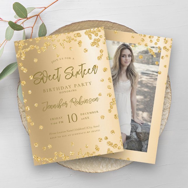 Convites Glam Dourado Chic Glitter Foto Sweet 16 (Glam Gold Chic Glitter Photo Sweet 16 Invitation)