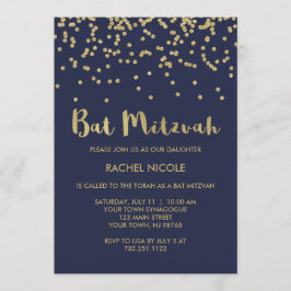 Convites Glam Dourado Confetti Bat Mitzvah no Azul Meia-Noi