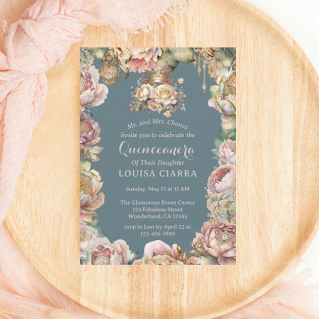 Convites Glam Dourado Crown Diamond Flowers Quinceanera (Criador carregado)