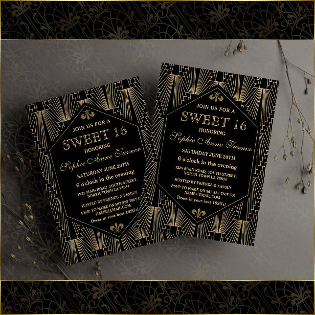 Convites Glam Dourado Excelente Gatsby Art Deco Sweet 16 Pa (sweet 16 invitation, great Gatsby sweet 16 invite, trendy gold black sweet sixteen invite)