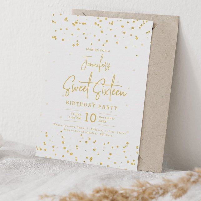 Convites Glam Dourado Faux Foil Pontos Sweet 16 Party (Glam Gold Faux Foil Dots Sweet 16 Party Invitation)