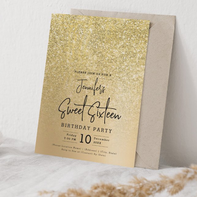 Convites Glam Dourado Faux Glitter Sparkle Sweet 16 Party (Glam Gold Faux Glitter Sparkle Sweet 16 Party Invitation)
