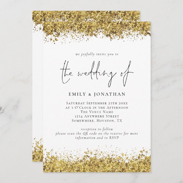Convites Glam Dourado Glitter Borders Script QR Code Casame (Frente/Verso)