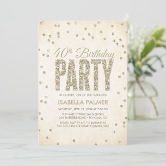 Convites Glam Dourado Glitter Confetti aniversário de 40 an
