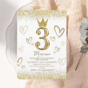 Convites Glam Dourado Glitter Crown aniversário de 3 anos P