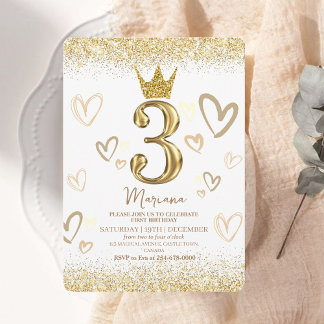 Convites Glam Dourado Glitter Crown aniversário de 3 anos P