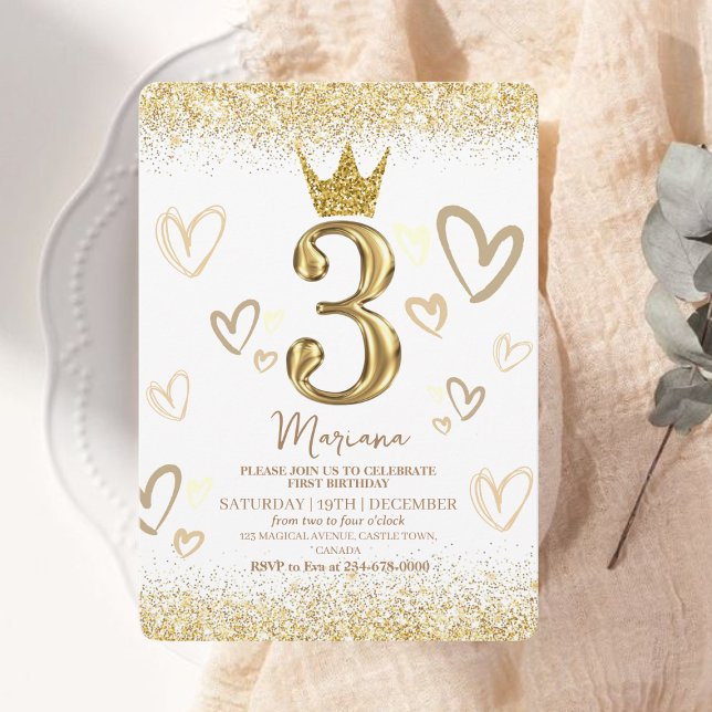 Convites Glam Dourado Glitter Crown aniversário de 3 anos P (Criador carregado)
