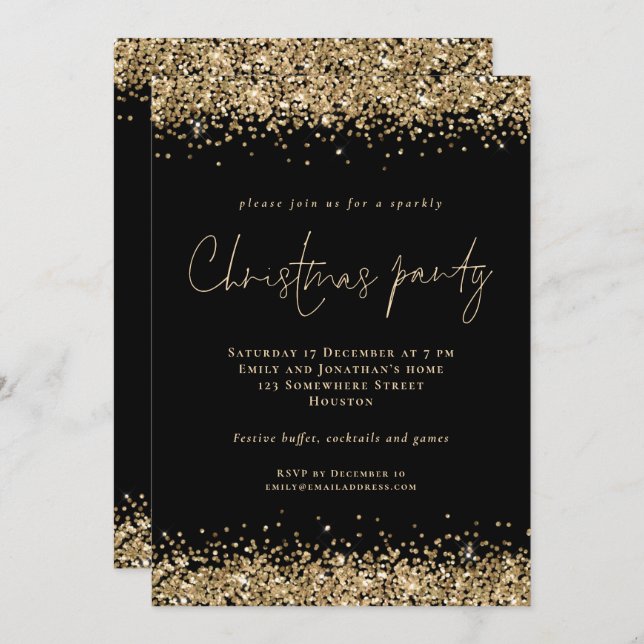Convites Glam Dourado Glitter Script Festa de Natal Preto (Frente/Verso)