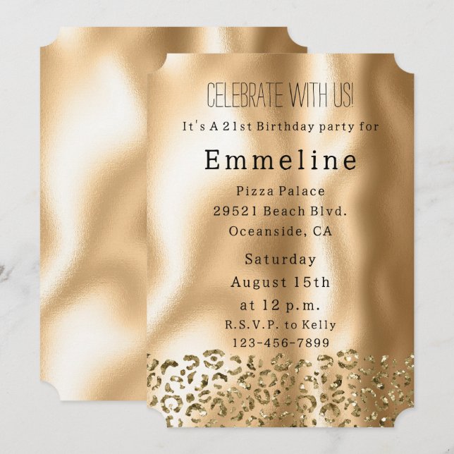 Convites Glam Dourado Glitzy Lepard (Frente/Verso)