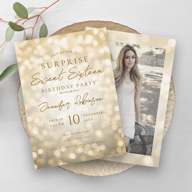 Convites Glam Dourado Luzes Foto SURPRISE Sweet 16 (Glam Gold Lights Photo SURPRISE Sweet 16 Invitation)