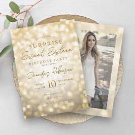 Convites Glam Dourado Luzes Foto SURPRISE Sweet 16